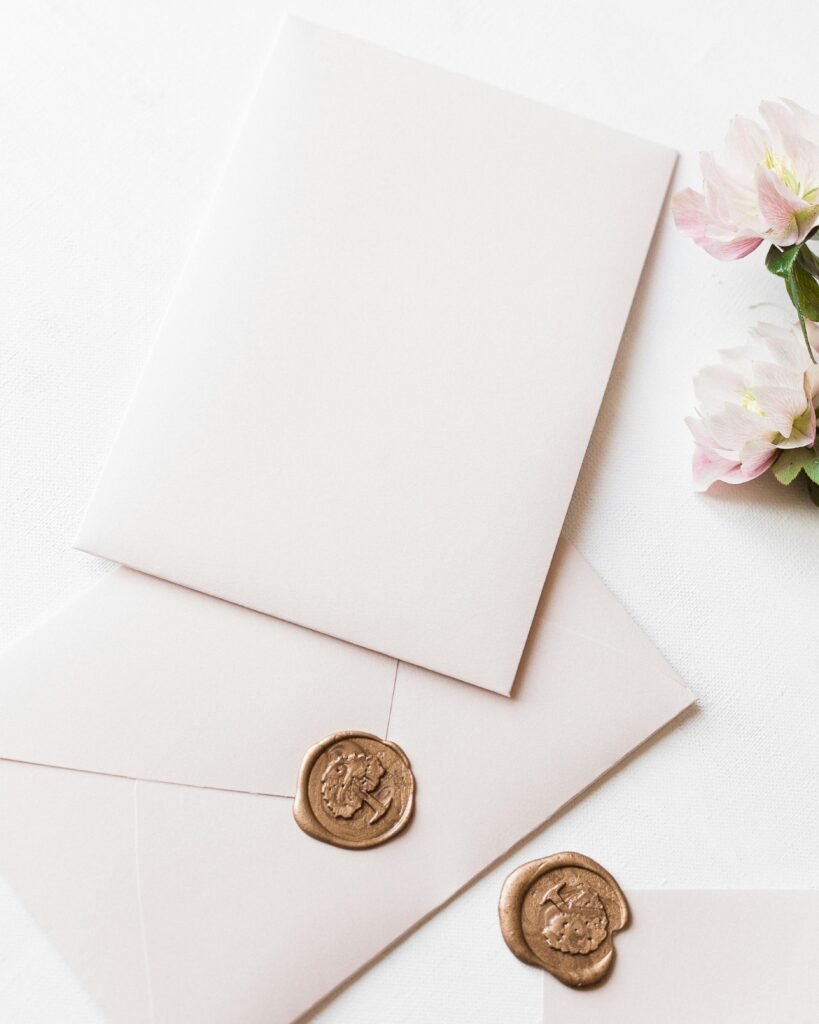 Elegant white envelopes with a floral touch and wax seal, perfect for invitations.